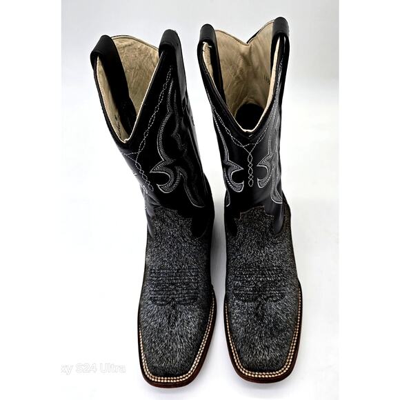 VTG J.B. Dillon Black Leather Western Boots Calf Hair Print Square Toe Womens 7B - Picture 2 of 9